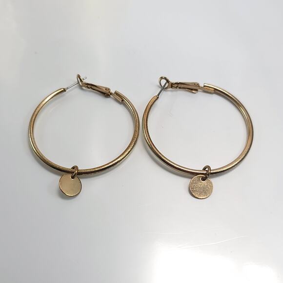 Gold Hoop Earrings with Disc Charm, Minimalist Modern Everyday Jewelry for Women - Picture 2 of 10